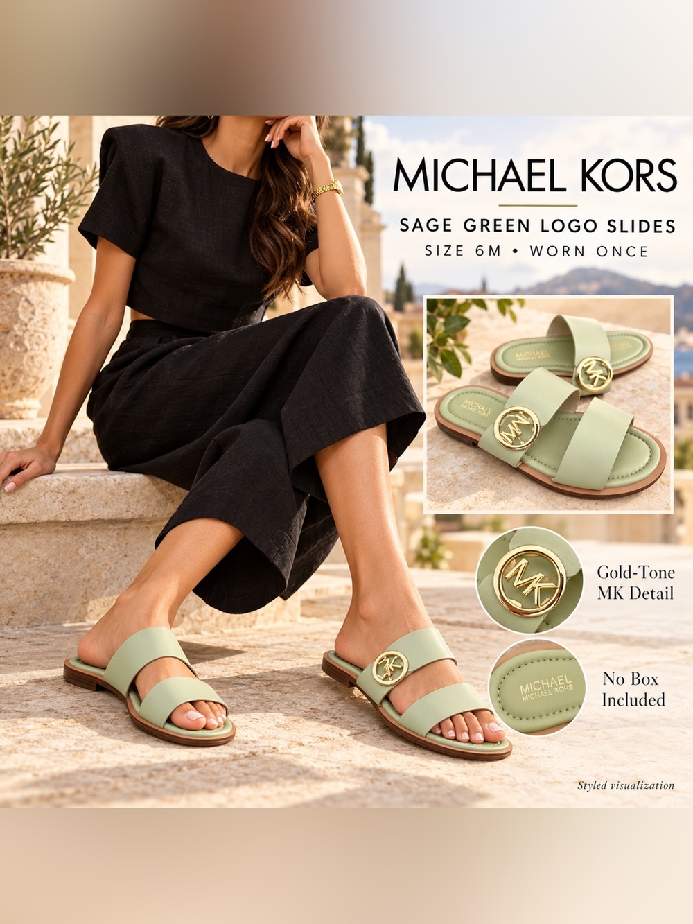 MICHAEL Michael Kors Sage Green Gold MK Logo Slide Sandals Size 6M EUC